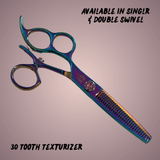 Shear Fanatic™️ Scissor Rainbow Titanium Left Hand Swivel Shear 30 Tooth Texturizer, professional left hand swivel scissors with a rainbow titanium finish and textured blades for stylists.