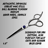 Shear Fanatic™️ Scissor Master Series Hammerhead Dry Cutting Shears – 6.0 inch Japanese Cobalt 440C Steel, high-grade professional hairdressing scissors with ergonomic design, convex edge, and ball bearing tension system for precise cutting, suitable for dry and wet hair cuts.