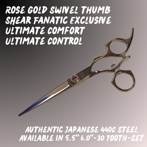 Close-up of ergonomic rotating thumb on Shear Fanatic rose gold swivel shears – reduces wrist strain for barbers and hairstylists.