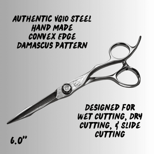 Shear Fanatic™️ Scissor Shear Fanatic®️ Master Series Sidewinder Damascus Pattern VG10, a professional, handmade hair cutting scissors with Damascus pattern and VG10 steel, featuring ergonomic design and 6-inch sharp blades for wet, dry, and slide cutting.