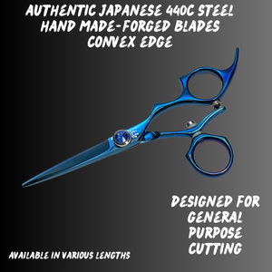 Shear Fanatic blue titanium swivel hair shears – Japanese 440C steel ergonomic scissors with convex edge for professional stylists.