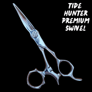 Shear Fanatic™️ Scissor Ergonomic Swivel Shears for Precision Haircutting and Styling, silver professional hair cutting scissors with ergonomic handle and swivel feature.