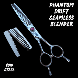 Shear Fanatic™️ Scissor Texturizing Flipper Shears – Phantom Drift VG10 Steel, professional hairdressing scissors with textured blades and a sleek metallic finish.