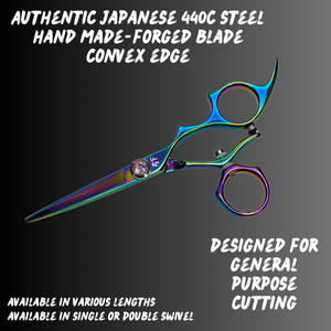 Shear Fanatic rainbow titanium swivel hair shears – Japanese 440C steel ergonomic scissors with convex edge for professional hairstylists. Shear Fanatic rainbow titanium swivel hair shears – Japanese 440C steel ergonomic scissors with convex edge for professional hairstylists.
