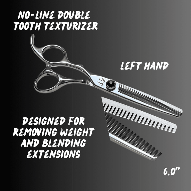 Shear Fanatic™️ Scissor Shear Fanatic®️ Craft Series Left Handed Double Texturizer, metallic scissors with textured cutting edges, designed for weight removal and blending extensions.