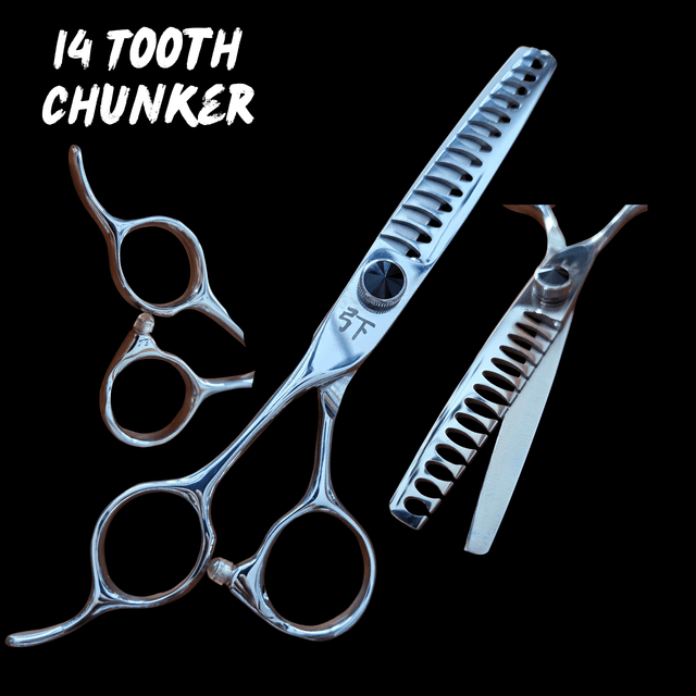 Shear Fanatic™️ Scissor 14-Tooth Left-Hand Chunker Texturizing Shears, showing the stainless steel scissors with adjustable screw and vented design for hairstyling and texturizing.