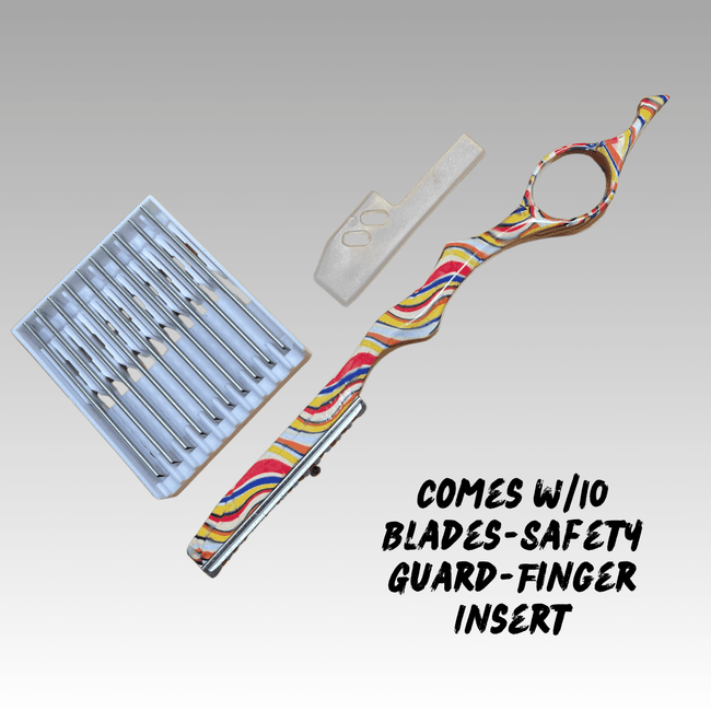 Feather Shear Fanatic®️ Feather Razor Psychedelic Color with 10 Pack Blades, selfie razor with multicolor swirl handle, replacement blades, safety guard, and finger insert