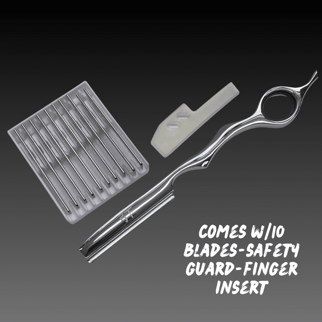 Feather Shear Fanatic®️ Feather Razor Stainless Steel with 10 Pack Blades, stainless steel feather razor with blades, safety guard and finger insert for precision grooming.