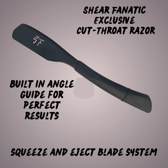 Shear Fanatic™️ Razor Shear Fanatic™ Classic European Style Cutthroat Razor – Black, Silver & Gold. Image of a black and silver cutthroat razor with a built-in angle guide for perfect results, including 100 blades.