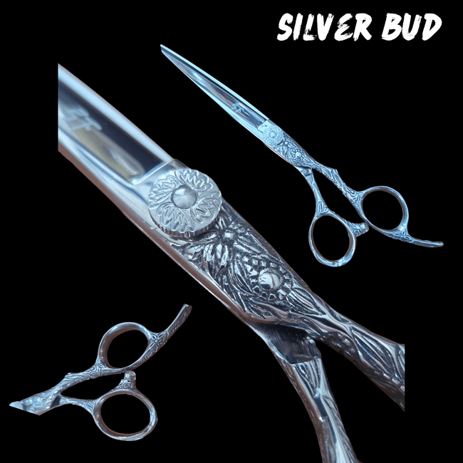 Shear Fanatic™️ Scissor Professional Hair Shears – Silver Bud Design Ergonomic, close-up image of silver hair cutting scissors with intricate floral and bud details on the handles.