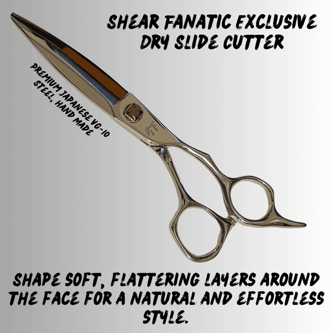 Shear Fanatic™️ Scissor Slide Cutting Shears, professional hair scissors with a sleek, silver design featuring soft, flattering layers around the face for a natural and effortless style, perfect for texture, layers, and movement in hair cutting.