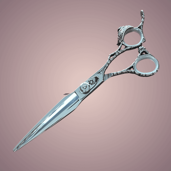 Shear Fanatic™️ Scissor VG10 7 Inch Knife Blade Shears, decorative silver scissors with ornate handles designed for dry and precision cutting.