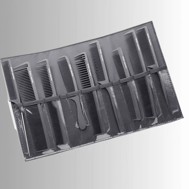 9-Piece Carbon Fiber Barber Comb Set with Carry Case – Professional Salon Combs 