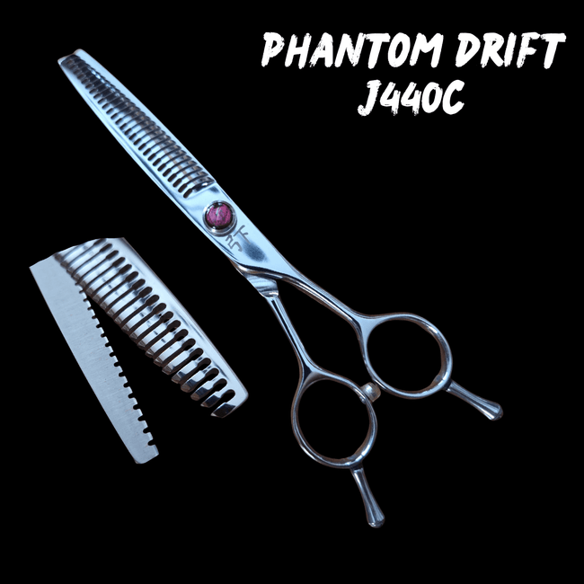 Texturizing Flipper Shears – Phantom Drift J440C, professional hair thinning scissors with a sleek metallic finish and toothed blade for hair texturizing.