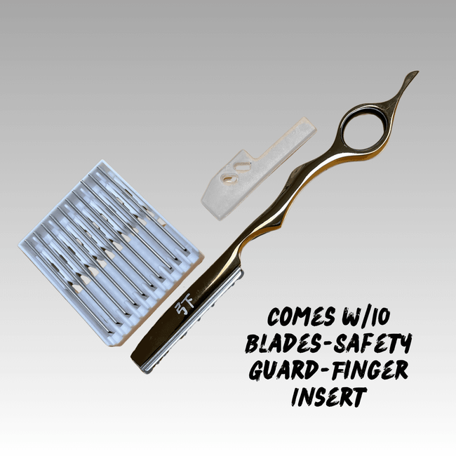 Feather Shear Fanatic®️ Feather Razor Gold-Rose Gold with 10 Pack Blades, featuring a gold-rose feather razor, blade safety guard, and finger insert for precise grooming.
