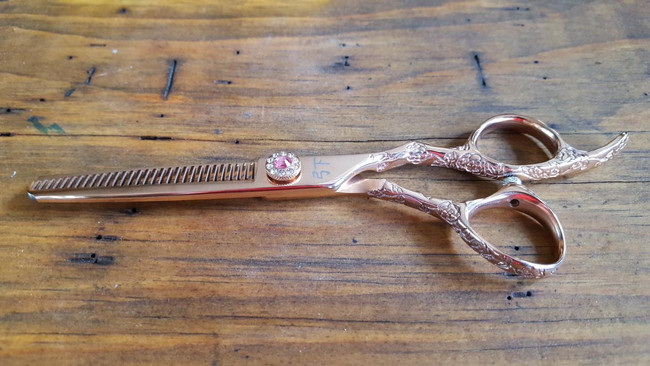 Shear Fanatic™️ Scissor Shear Fanatic®️ Craft Series Rose Gold Scorpion Thinning Shear 6.0", with intricate rose gold design and pink gemstones on the pivot, made of authentic Japanese 440C steel.