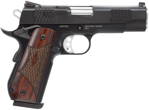 Smith & Wesson 1911 E-Series 45 ACP 4.25" Barrel 8+1 Capacity, Black Round Butt Scandium Frame, Black Stainless Steel Slide, Laminate Wood Grip, Manual Grip & Thumb Safety