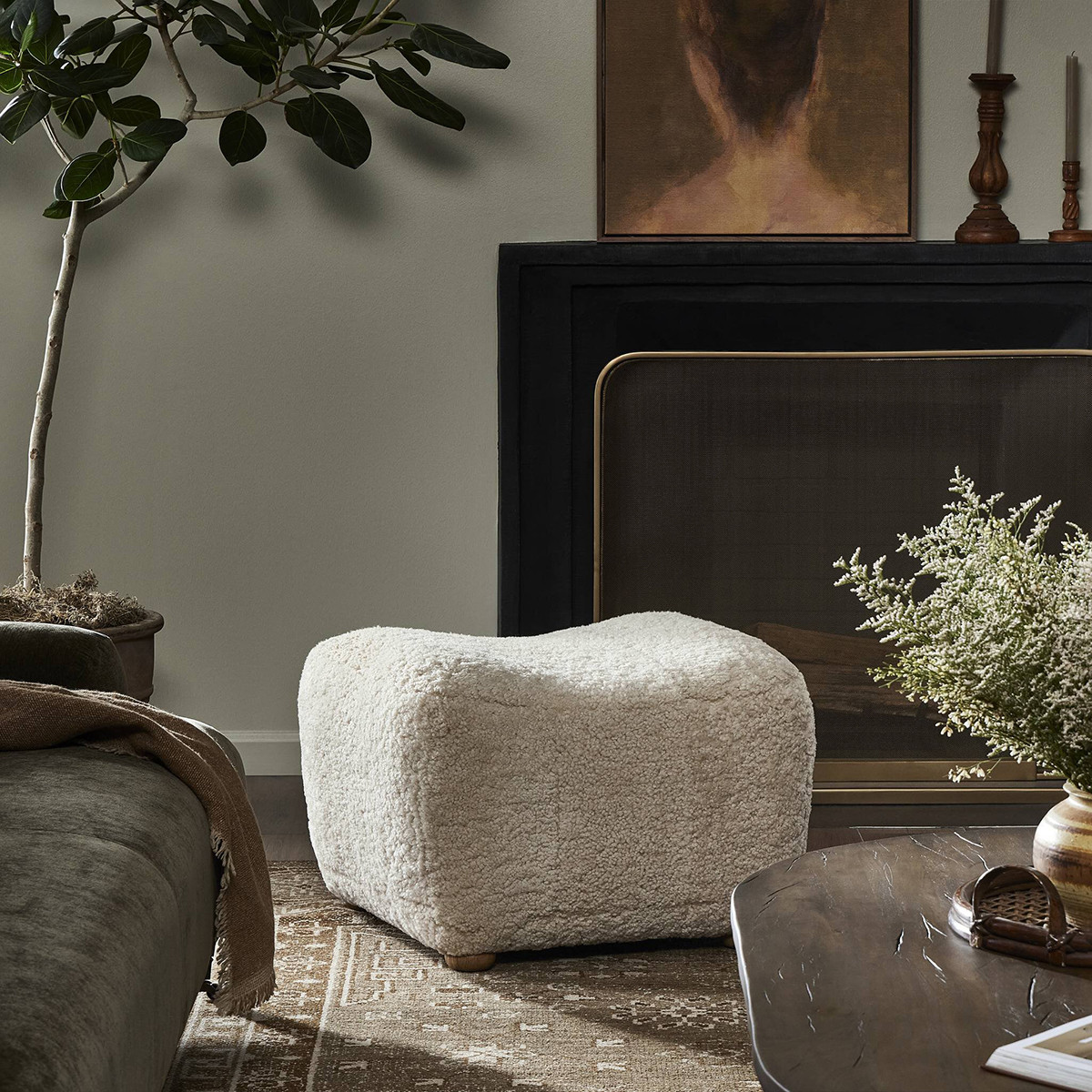 Amber Lewis x Four Hands Oslo Ottoman - Beige Shearling