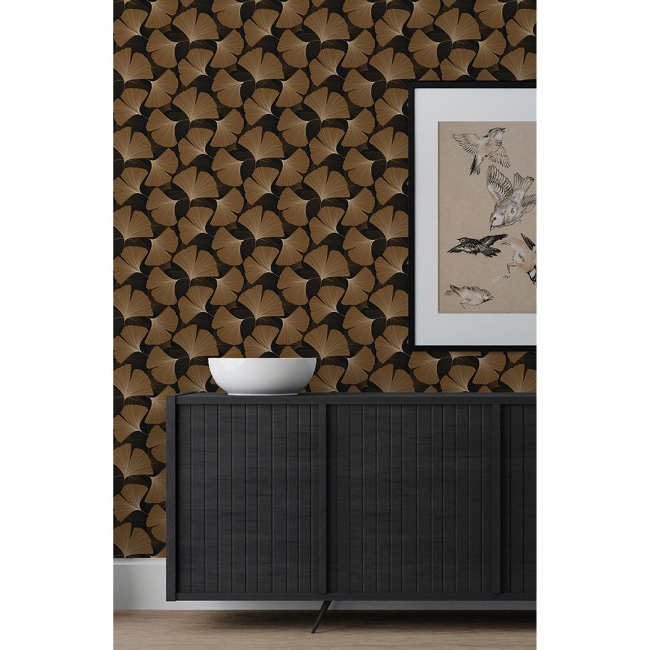 NextWall Tossed Ginkgo Leaf - Ebony & Metallic Copper