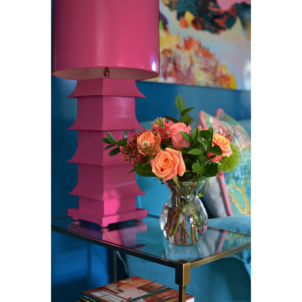 Worlds Away Hot Pink Painted Large Tole Pagoda Lamp With 13