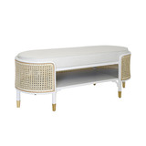 Worlds Away Oval Bench - Matte White And Natural Cane - White Linen Cushion