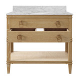 Worlds Away Bath Vanity - Cerused Oak - Open Cane Shelf, White Marble Top, Porcelain Sink, And Antique Brass Ring Hardware