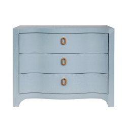 Worlds Away Curved Front Chest - Three Drawers - White Light Blue Textured Linen - Satin Brass Ring Hardware