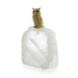 John Richard Perched Brass Owl Sculpture on Selenite - Small