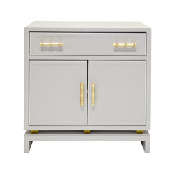 Marcus Matte Gray Lacquer 1 Drawer, 2 Door Nightstand With Gold Leafed Bamboo Hardware And Gold Leaf Detail On Base