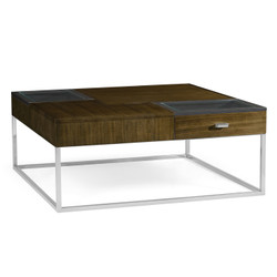 Jonathan Charles Eclectic Square Autumn Walnut Coffee Table With Two Glass Top Drawers