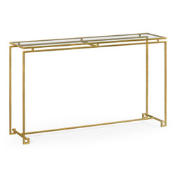 Jonathan Charles Simply Elegant Gilded Iron Large Console Table With A Clear Glass Top