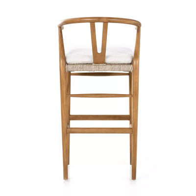 Four Hands Muestra Bar Stool - Natural Teak - Cream Shorn Sheepskin