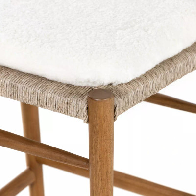 Four Hands Muestra Bar Stool - Natural Teak - Cream Shorn Sheepskin