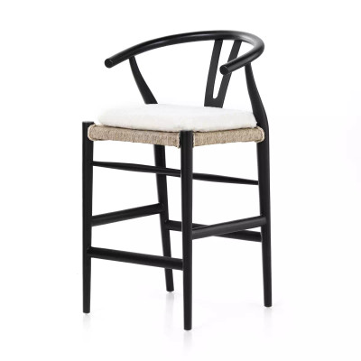 Four Hands Muestra Counter Stool - Black Teak - Cream Shorn Sheepskin