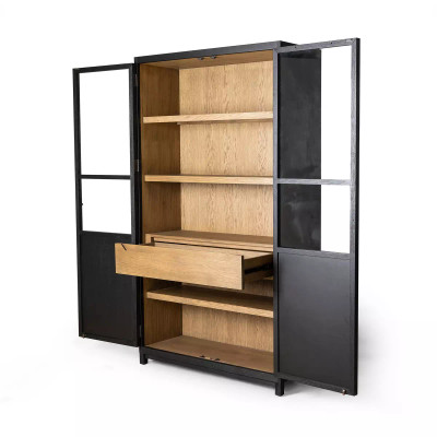 Four Hands Millie Panel and Glass Door Cabinet - Drifted Matte Black