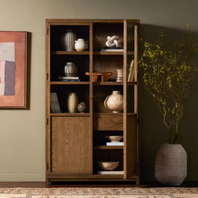 Four Hands Millie Panel and Glass Door Cabinet - Drifted Oak Solid