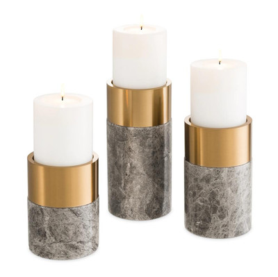 Eichholtz Sierra Candle Holder - Grey Marble Brass - Set Of 3