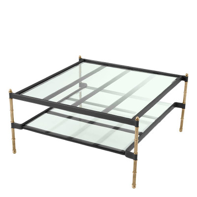 Eichholtz Princess Coffee Table - Square Black Leather Vintage Brass