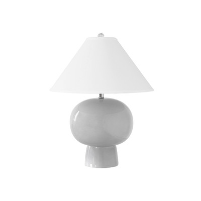 Worlds Away Bulb Shape Ceramic Table Lamp - White Linen Coolie Shade - Light Grey