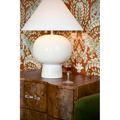 Worlds Away Bulb Shape Ceramic Table Lamp - White Linen Coolie Shade - White