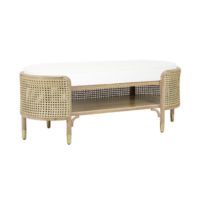 Worlds Away Oval Bench - Cerused Oak And Natural Cane - White Linen Cushion