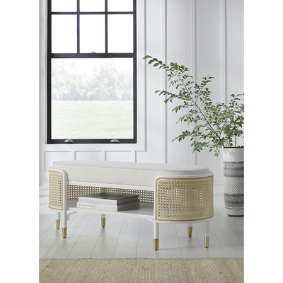 Worlds Away Oval Bench - Matte White And Natural Cane - White Linen Cushion
