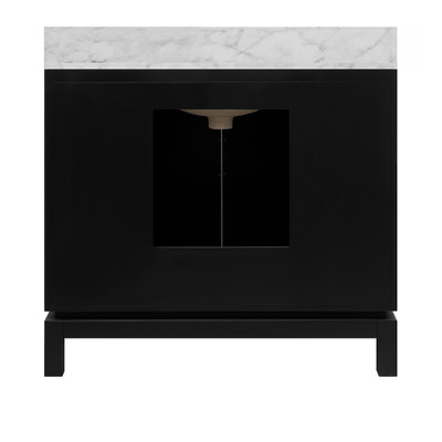 Worlds Away Bath Vanity - Matte Black Lacquer - Antique Brass Circle Hardware, White Marble Top, And Porcelain Sink