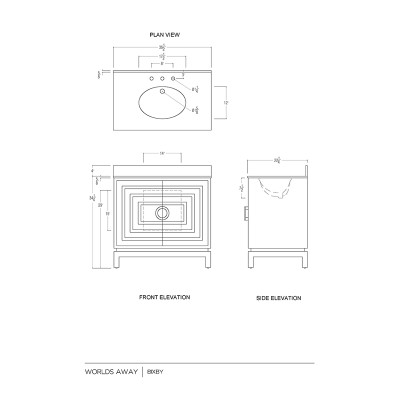 Worlds Away Bath Vanity - Cerused Oak - Antique Brass Circle Hardware, White Marble Top, And Porcelain Sink