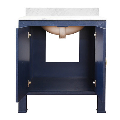 Worlds Away Bath Vanity - Textured Navy Linen W/ Ant. Brass Hardware, White Marble Top, And Porcelain Sink