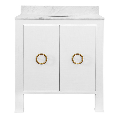 Worlds Away Bath Vanity - Textured White Linen W/ Ant. Brass Hardware, White Marble Top, And Porcelain Sink