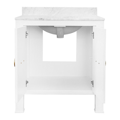 Worlds Away Bath Vanity - Textured White Linen W/ Ant. Brass Hardware, White Marble Top, And Porcelain Sink