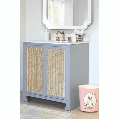 Worlds Away Bath Vanity - Matte Light Blue Lacquer - Cane Front Doors, White Marble Top, Porcelain Sink, And Polished Brass Knobs