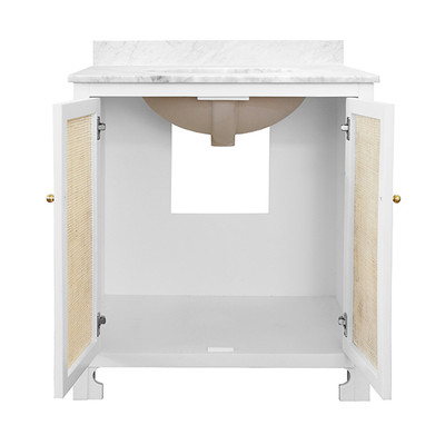 Worlds Away Bath Vanity - Matte White Lacquer - Cane Front Doors, White Marble Top, And Porcelain Sink