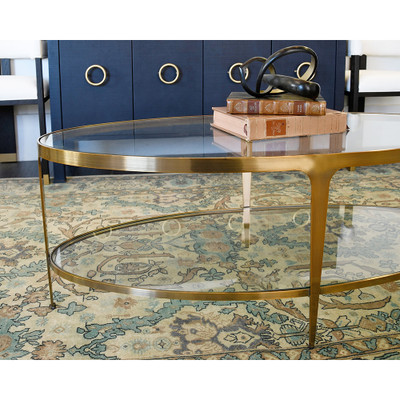 Worlds Away Two Tier Glass Top Oval Coffee Table - Antique Brass